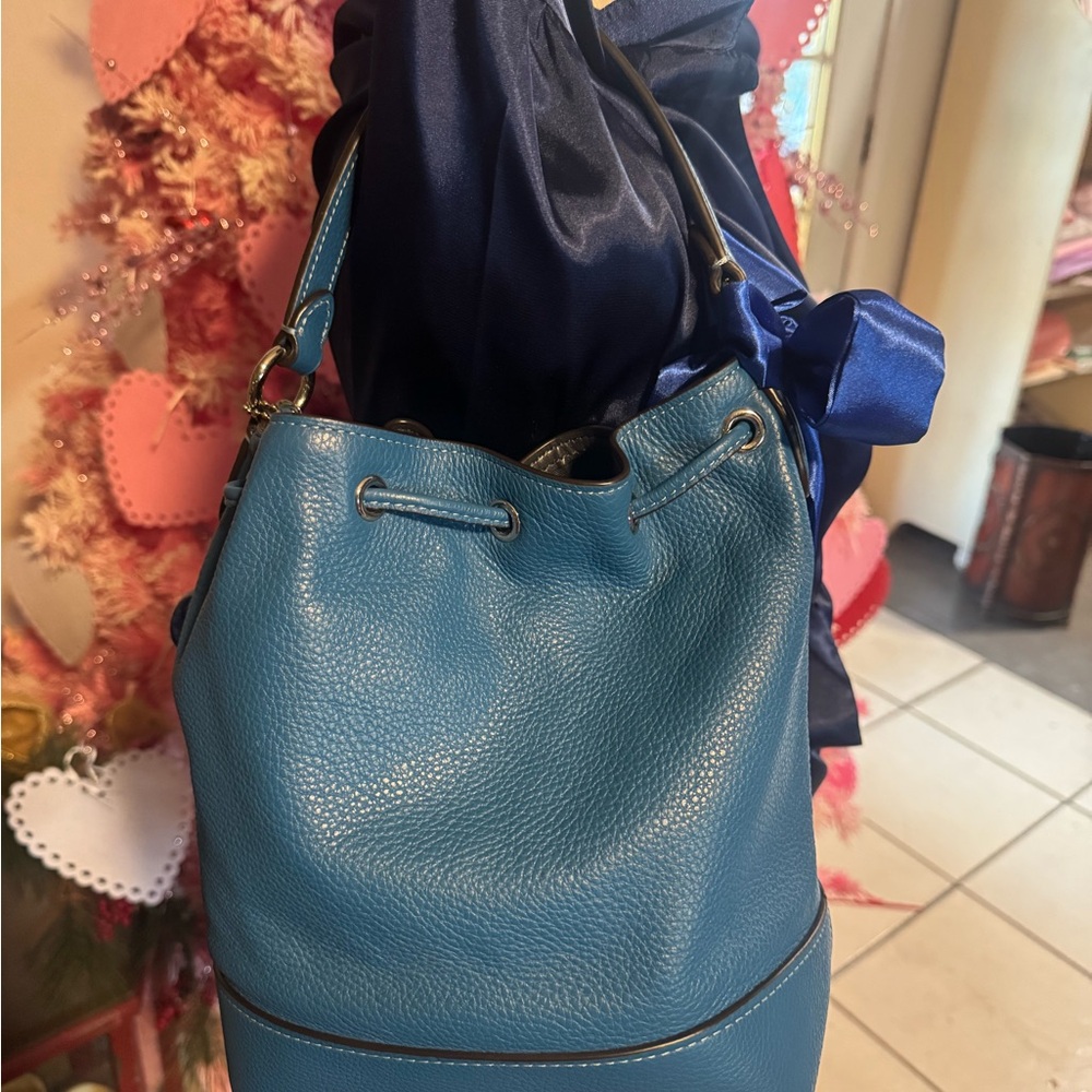 Coach Teal Leather Drawstring Backpack - image 3